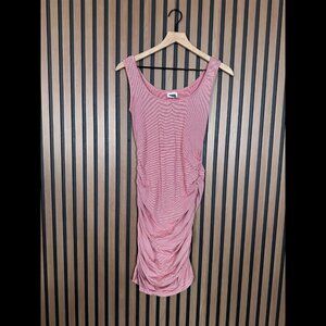 Nom Rouched Mini Dress Medium Pink Henley Short Sleeve Fabric Stretch Striped